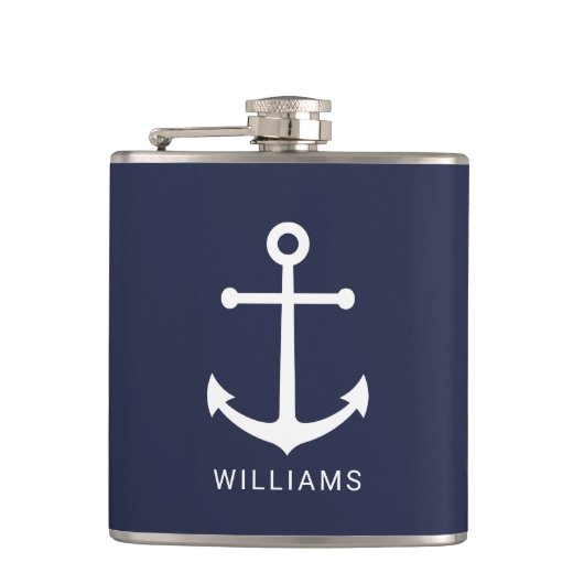 Nautical Navy Blue Anchor met aangepaste naam Heupfles (Voorkant)