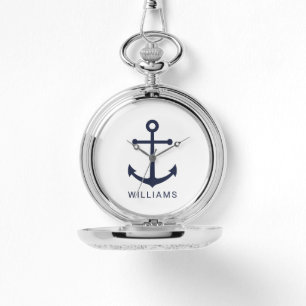 Nautical Navy Blue Anchor met aangepaste naam Horloge