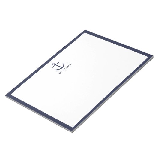 Nautical Navy Blue Anchor met aangepaste naam Notitieblok (Schuin)