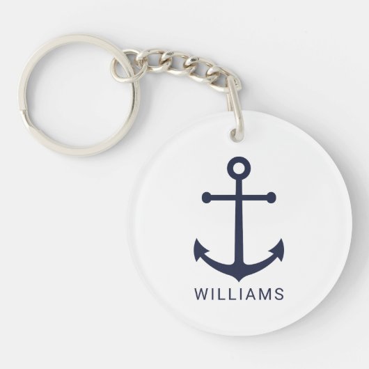 Nautical Navy Blue Anchor met aangepaste naam Sleutelhanger (Voorkant)