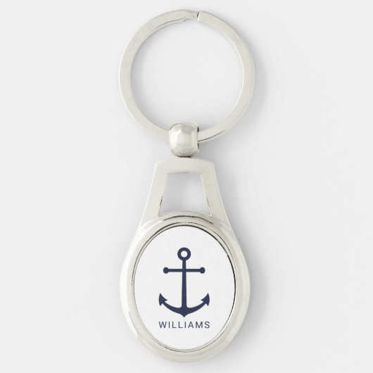 Nautical Navy Blue Anchor met aangepaste naam Sleutelhanger (Voorkant)