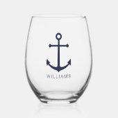 Nautical Navy Blue Anchor met aangepaste naam Wijnglas Zonder Voet (Voorkant)