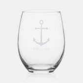 Nautical Navy Blue Anchor met aangepaste naam Wijnglas Zonder Voet (Achterkant)