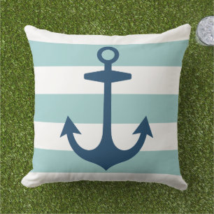 Nautical Navy Blue Anchor met Aqua Stripes Buitenkussen