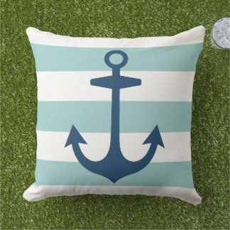 Nautical Navy Blue Anchor met Aqua Stripes Buitenkussen