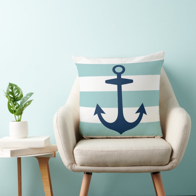 Nautical Navy Blue Anchor met Aqua Stripes Kussen (Stoel)