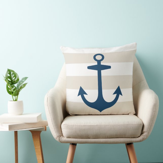 Nautical Navy Blue Anchor met beige Stripes Kussen (Stoel)