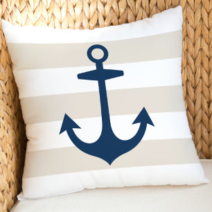 Nautical Navy Blue Anchor met beige Stripes Kussen