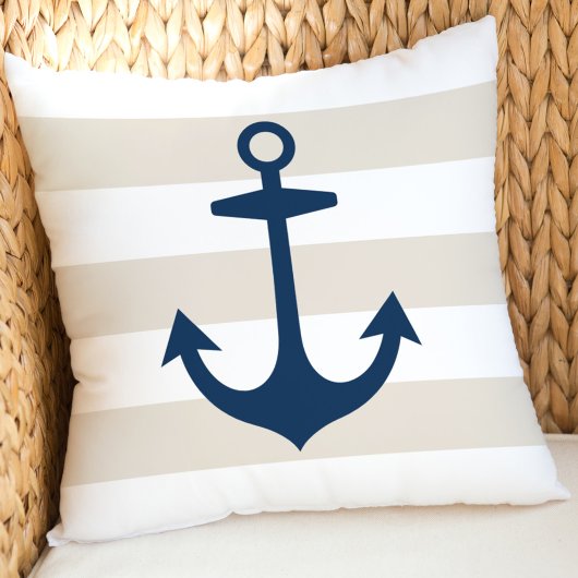 Nautical Navy Blue Anchor met beige Stripes Kussen