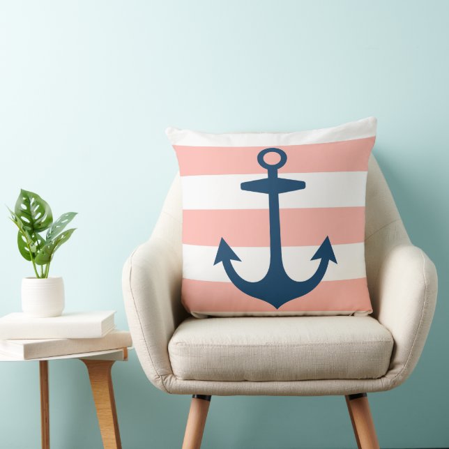 Nautical Navy Blue Anchor met Blush Pink Stripes Kussen (Stoel)