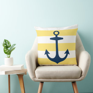 Nautical Navy Blue Anchor met gele strepen Kussen