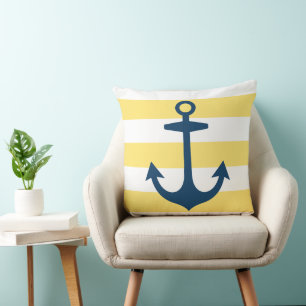 Nautical Navy Blue Anchor met gele strepen Kussen