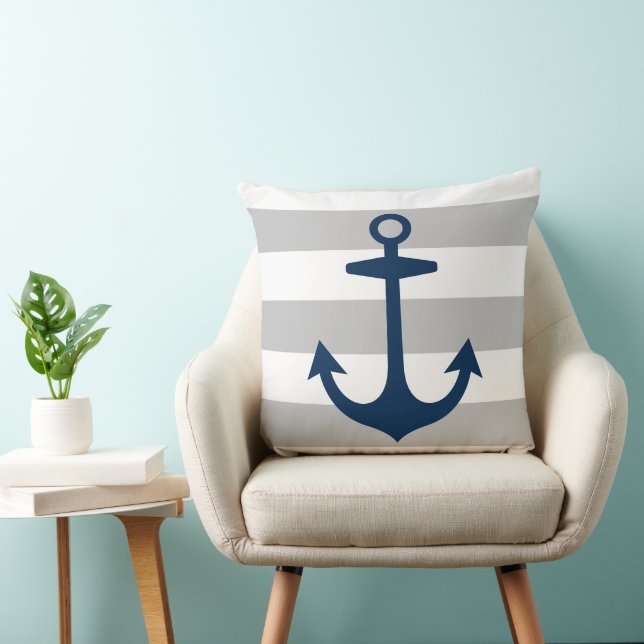 Nautical Navy Blue Anchor met grijze strepen Kussen (Stoel)