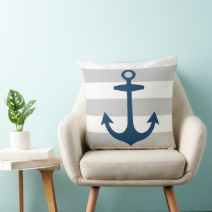 Nautical Navy Blue Anchor met grijze strepen Kussen