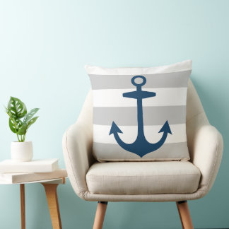 Nautical Navy Blue Anchor met grijze strepen Kussen