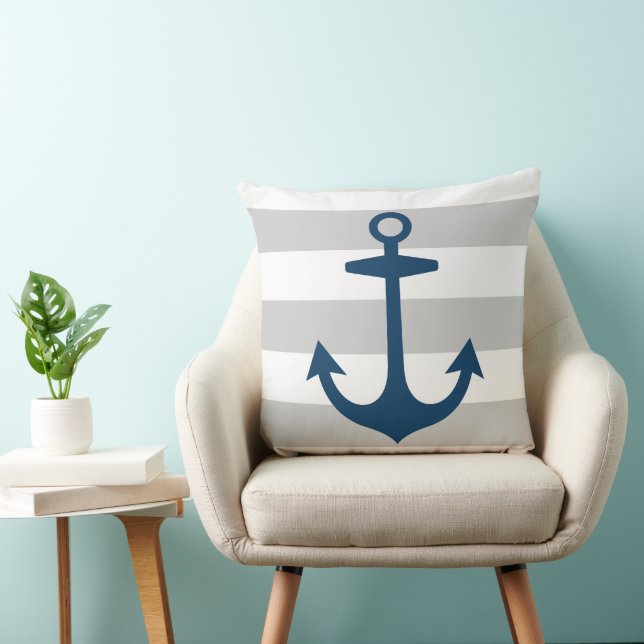 Nautical Navy Blue Anchor met grijze strepen Kussen (Stoel)