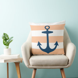 Nautical Navy Blue Anchor met peach Stripes Kussen
