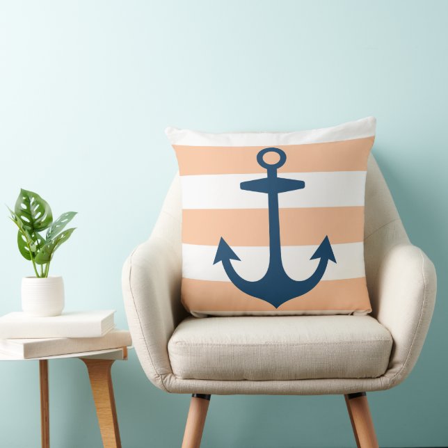 Nautical Navy Blue Anchor met peach Stripes Kussen (Stoel)