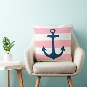 Nautical Navy Blue Anchor met roze strepen Kussen
