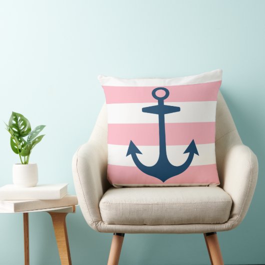 Nautical Navy Blue Anchor met roze strepen Kussen (Stoel)