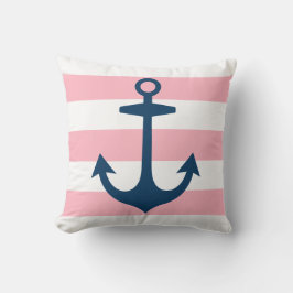 Nautical Navy Blue Anchor met roze strepen Kussen