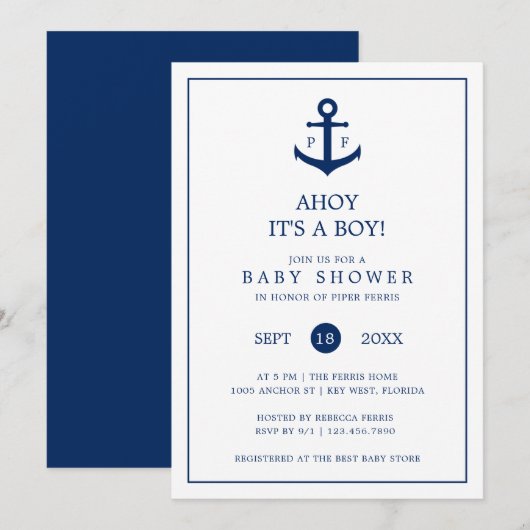 Nautical Navy Blue Anchor Monogram Boy Baby shower Kaart (Voorkant / Achterkant)