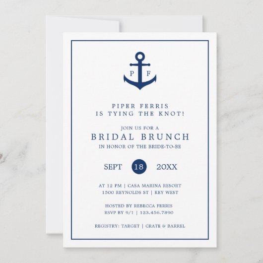 Nautical Navy Blue Anchor Monogram Bridal Brunch Kaart (Voorkant)