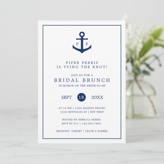 Nautical Navy Blue Anchor Monogram Bridal Brunch Kaart (Staand voorkant)