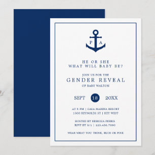 Nautical Navy Blue Anchor Monogram Gender onthulli Kaart