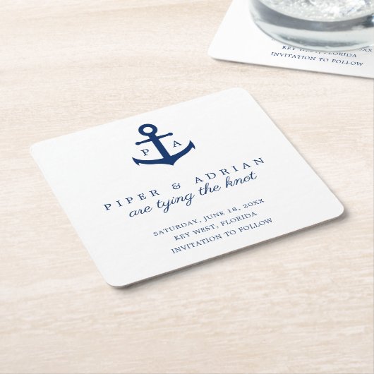 Nautical Navy Blue Anchor Monogram Opslaan datum Kartonnen Onderzetters (Schuin)