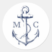 Nautical Navy Blue Anchor Monogram Ronde Sticker (Voorkant)