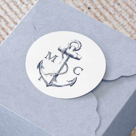 Nautical Navy Blue Anchor Monogram Ronde Sticker