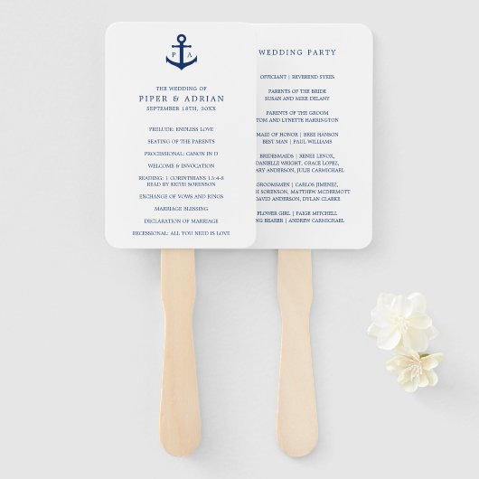 Nautical Navy Blue Anchor Monogram Weddenprogramma Handwaaier (Voorkant en achterkant)