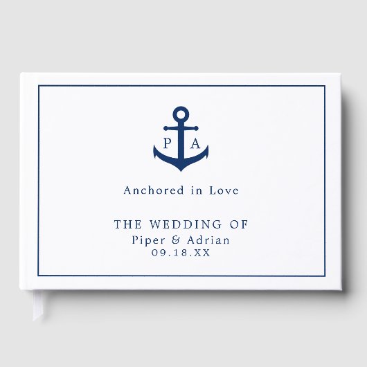 Nautical Navy Blue Anchor Monogram Weddenschap Gastenboek (Voorkant)