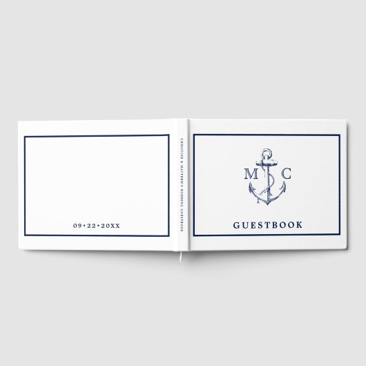 Nautical Navy Blue Anchor Monogram Weddenschap Gastenboek (Volledig)