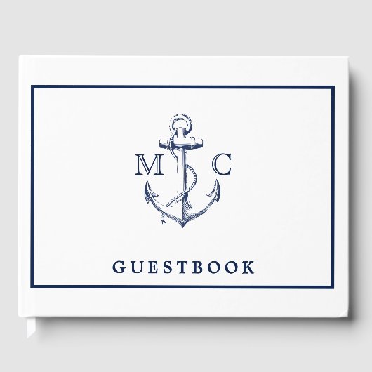 Nautical Navy Blue Anchor Monogram Weddenschap Gastenboek (Voorkant)
