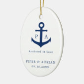 Nautical Navy Blue Anchor Monogram Weddenschap Keramisch Ornament (Links)