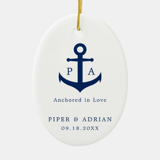 Nautical Navy Blue Anchor Monogram Weddenschap Keramisch Ornament (Voorkant)