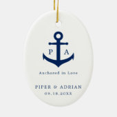 Nautical Navy Blue Anchor Monogram Weddenschap Keramisch Ornament (Achterkant)