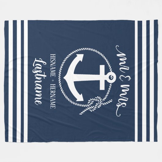 Nautical Navy Blue Anchor Mr. en Mrs. Fleece Deken (Voorkant (Horizontaal))