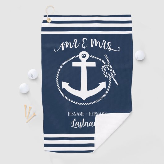 Nautical Navy Blue Anchor Mr. en Mrs. Golfhanddoek (Insitu)
