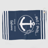 Nautical Navy Blue Anchor Mr. en Mrs. Golfhanddoek (Horizontaal)