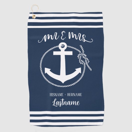 Nautical Navy Blue Anchor Mr. en Mrs. Golfhanddoek (Voorkant)