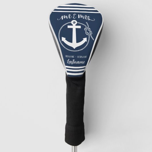 Nautical Navy Blue Anchor Mr. en Mrs. Golfheadcover (Voorkant)
