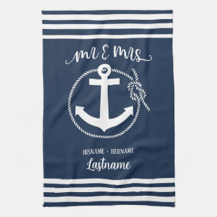 Nautical Navy Blue Anchor Mr. en Mrs. Theedoek