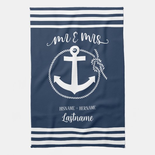 Nautical Navy Blue Anchor Mr. en Mrs. Theedoek (Verticaal)