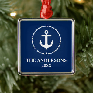 Nautical Navy Blue Anchor Name Year Metalen Ornament