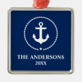 Nautical Navy Blue Anchor Name Year Metalen Ornament (Voorkant)