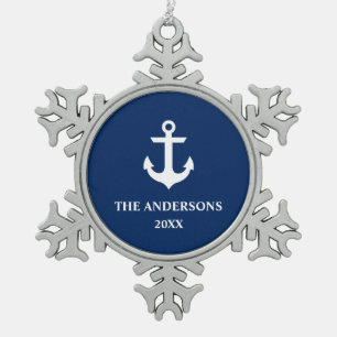 Nautical Navy Blue Anchor Name Year S Tin Sneeuwvlok Ornament