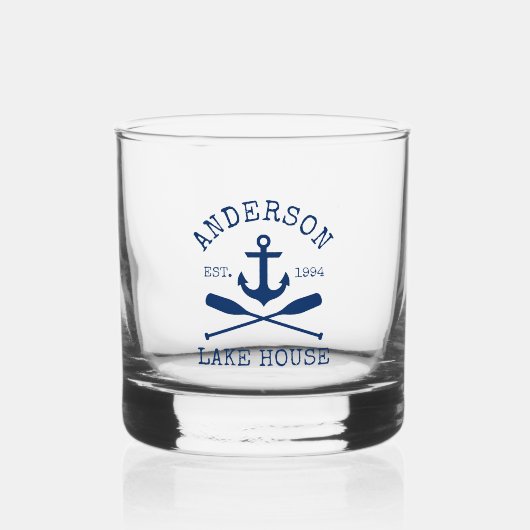 Nautical Navy Blue Anchor Oars Family Lake House Whisky Glas (Voorkant)
